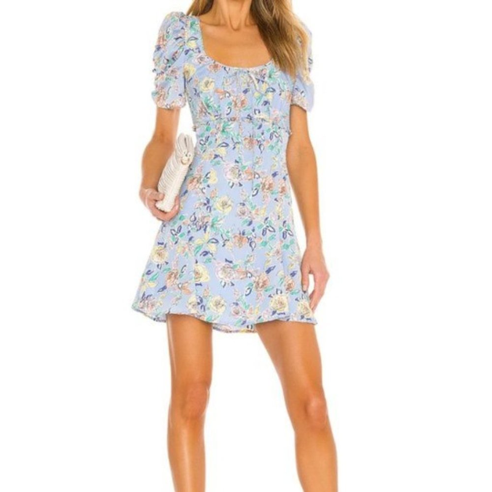 Likely x Revolve Lana Floral Puff Sleeves Mini A Line Dress Periwinkle